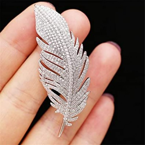    Rhinestone Feather Brooch Pin for Women Men Fashion Crystal 